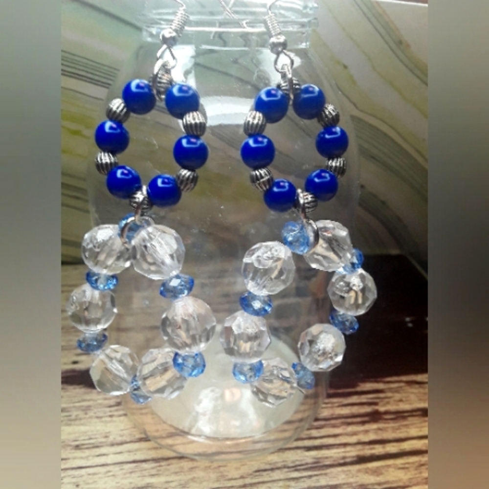 Blue & Clear Beaded Round Earrings Dangling Long Earrings